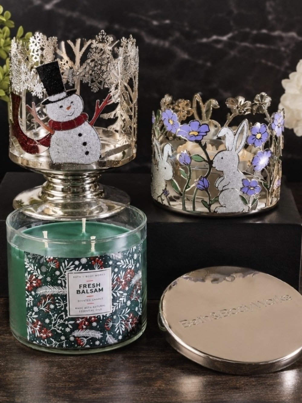 3 Peice Set, Bath & Body Works 3-Wick Candle with Snowman & Bunny Candle Holder